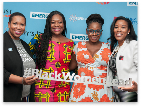 Stephanie Brown James, Michelle Jawando, Glynda Carr, and ​​Hasoni Pratts at the #BlackWomenLead CBC Reception 2019 holding a metal sculpture that says "#BlackWomenLead."