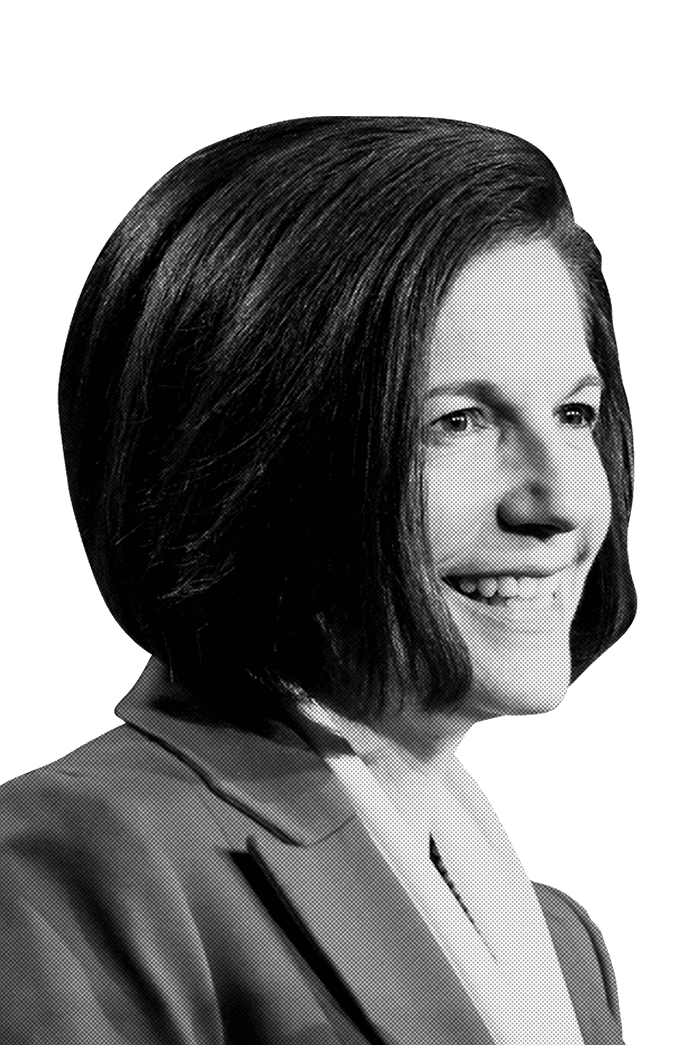 A black and white portrait of Catherine Cortez Masto, US Senator for Nevada.